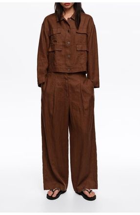 Bimba & Lola Linen Darted Straight-Fit Trousers in Washed Brown at Nordstrom, Size 40 Eu