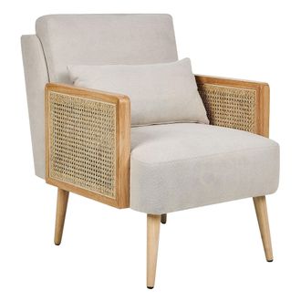 Beliani Sill&oacute;n Tradicional De Poli&eacute;ster Estructura De Madera Con Rat&aacute;n Trenzado Patas De Madera Tapones De Pl&aacute;stico Con Coj&iacute;n Beige Claro Orum
