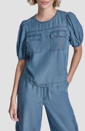 DKNY Zip Shoulder Denim Puff Sleeve Blouse in Stream Wash at Nordstrom, Size Medium