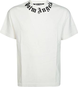 Palm Angels Neck Logo Regular Tee - Heren - T-shirts - Wit - S - Katoen - Tops