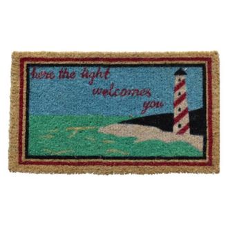 Imports Decor Beach Lighthouse Coir Doormat with Here the Light Welcomes You Quote, Coconut Fiber Door Mat for Indoor Outdoor Use