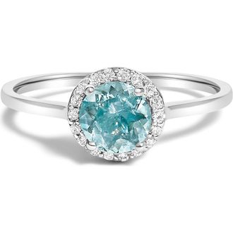 House of Brilliance 10K Gold Gemstone and 1/10 Cttw Diamond Halo Birthstone Ring in White | Blue Aquamarine at Nordstrom, Size 6.5