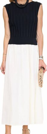 Moon River Boat Neck Knit Mixed Media Midi Dress In Black