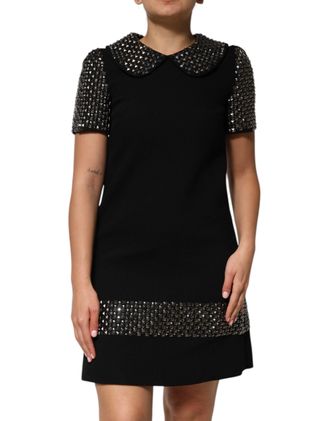 Dolce & Gabbana Womens Black Crystal Embellished Collared Mini Dress Virgin Wool