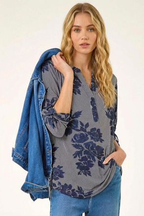 Roman Stripe Floral Print Stretch Shirt