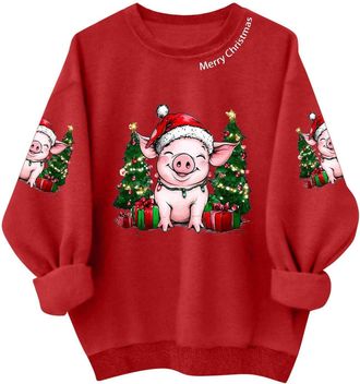 Generic Christmas Red Sweatshirts for Women, Novelty Xmas Santa Graphic Print Sweatshirt Big & Tall Crewneck Jumper Holiday Pullover Tops Winter Casual Fashio