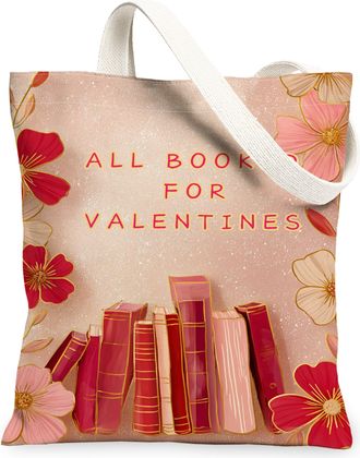 Generic ValentineS Floral Canvas Tote Bags, Romantic Flower Design Reusable Grocery Bags, Lightweight Washable Shoulder Strap Canv, Peach, 13x15 Inch