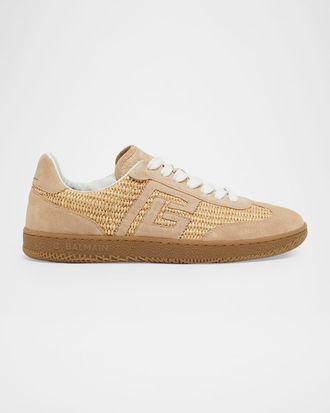 Balmain Swan Raffia and Suede Low-Top Sneakers