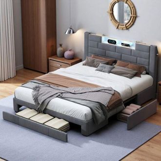 OEM Cama Doble Acolchada 140x200 - Con Almacenamiento - Iluminaci&oacute;n Led - Puertos Usb - 4 Cajones