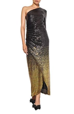 Ming Wang Ombr&eacute; Sequin One-Shoulder Gown in Black/gold at Nordstrom, Size Small