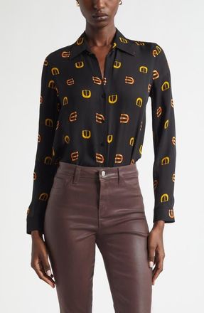 L'agence Nina Horsebit Print Silk Button-Up Shirt in Black Multi Conv Buckle at Nordstrom, Size Xx-Small