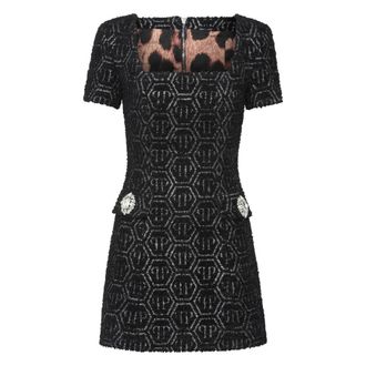 Philipp Plein Short Dress Monogram - Dames - Korte kleedjes - Zwart - L - Wol - Kleedjes