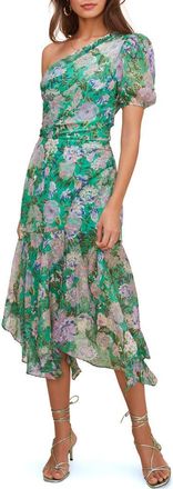 ASTR the Label Santorini One Shoulder Asymmetrical Midi Dress in Green Lilac Multi Floral at Nordstrom, Size X-Small