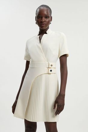 Karen Millen Womens Tailored Crepe Military Pleat Notch Neck Wrap Mini Dress - White - Size 10 UK