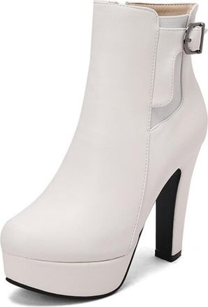 Generic Womens Ankle Boots Metal Buckle Strap Platform Sole Stiletto Heel Side Zip Round Toe Smooth PU Upper Color Block Detail Stylish Durable Design,White,5