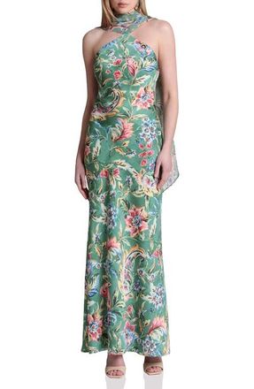 Avec Les Filles Print Scarf Sleeveless Maxi Dress in Olive Damask at Nordstrom, Size 10