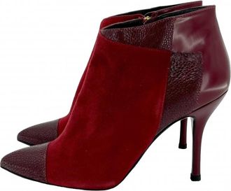 Longchamp Womens Suede & Leather Stiletto Ankle Booties In Burgundy