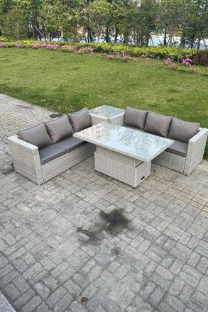 Fimous Rattan Garden Funiture Set Height Adjustable Rising Lifting Table Sofa Dining Set Coffee Tea Table in Light Grey