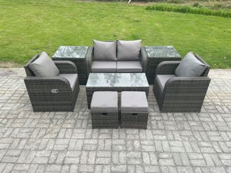 Fimous Outdoor Lounge Sofa Set Wicker PE Rattan Garden Furniture Set with Reclining Chair Coffee Table 2 Side Tables in Dark Grey