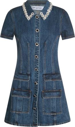 Self Portrait Denim Crystal Trim Collared Mini Dress