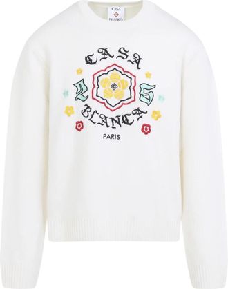 Casablanca Emblem Merino Knit Crew Neck - Heren - Ronde hals truien - Wit - M - Wol - Truien & Vesten