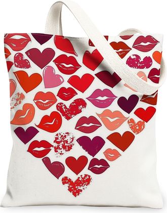 Generic Valentines Day Hearts Canvas Tote Bags, Lip Print Reusable Grocery Bags, Lightweight Washable Shoulder Strap for Outdoor Travel Beach 13x15 Inch