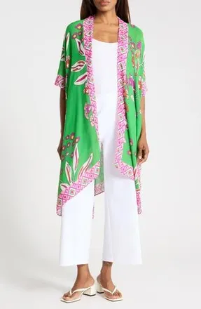 Nordstrom Rack Lightweight Print Ruana in Jade Fuchsia Petals at Nordstrom Rack