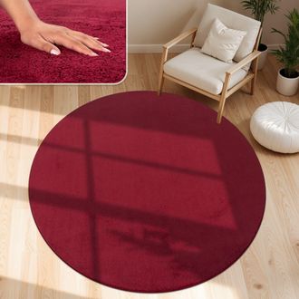 Paco Home Paco Home - Alfombra Moderna Para Sal&oacute;n A Pelo Corto Lavable Suave Uni Efecto Piel Antideslizante Rojo, &Oslash; 160 Cm Redon
