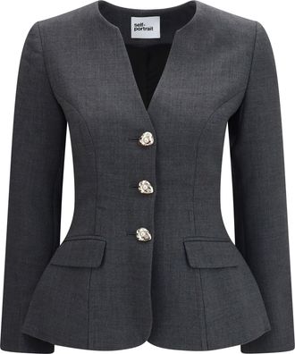 Self Portrait Pearl-Embellished Collarless Blazer - Gray