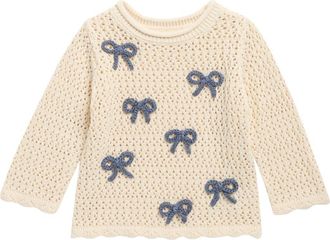Rylee + Cru Braided Bow Appliqu&eacute; Cotton Pointelle Sweater in Natural at Nordstrom, Size 18-24M