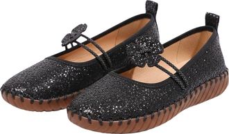 Generic Size 4.5 Ladies Glitter Flower Wedding Mary Jane Ballet Flats with Strap Sequins Dress Shoes for Women Black Trendy Footwear