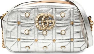 Gucci Pre-owned Cross Body Bags, female, Gray, Size: ONE SIZE Pre-owned Marmont Quilted Leather Camera Bag with Pearl Embellishments