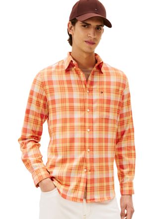 Tommy Hilfiger Long Sleeve Checked Regular Fit, Mens Button Down Shirt, Brilliant Orange/Check, Medium