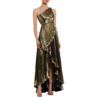 Mac Duggal Pleated Metallic One Shoulder High Low Gown in Gold at Nordstrom, Size 10