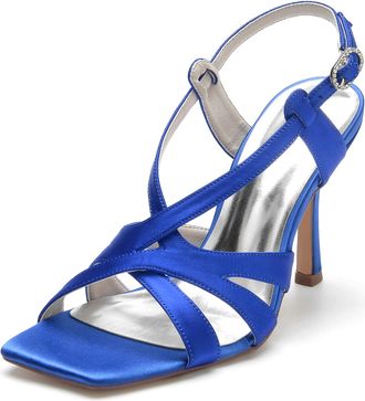 Generic Gycdwjh Womens Strappy Stiletto Heels Open Square Toe Ankle Strap Dress Shoes Satin Ankle Strap Stiletto Heeled Sandals,Royal Blue,7 UK