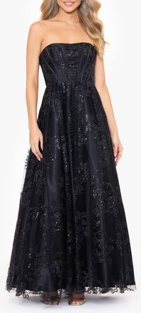 Blondie Nites Glitter Mesh Corset Strapless A-Line Gown in Black at Nordstrom, Size 3