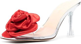 Generic Qynthra Womens Transparent High Heel Mule Sandals with Red Satin Flower 7CM Crystal Stiletto Slip-On Round Toe Dress Slides for Evening Gala & Cocktai
