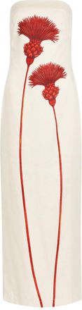 Andres Otalora Costera Floral-print Strapless Linen Maxi Dress - White And Red - 0 (UK4 / Xxs)