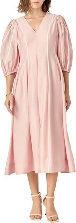 English Factory Contrast Binding Puff Shoulder Midi Dress in Pink at Nordstrom, Size X-Small