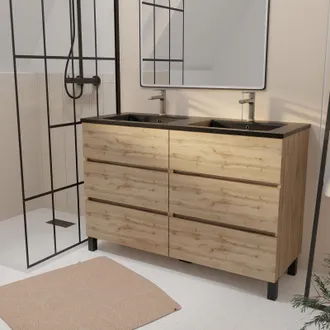 Aurlane Mueble De Ba&ntilde;o 120 Cm 6 Cajones Roble Natural + Lavabo Doble De Cer&aacute;mica Negra - Timber