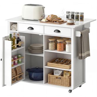HOMCOM Homcom Isla De Cocina Con Tablero Plegable, Ruedas, Especiero, Estantes En La Puerta, Armario, 2 Cajones, Estantes Abiertos, 117,5x70x91 Cm, Blanco