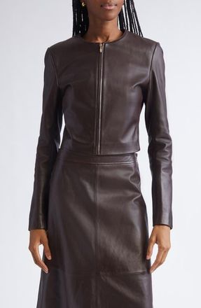 St. John Clarissa Napa Leather Crop Jacket in Mahogany at Nordstrom, Size 14