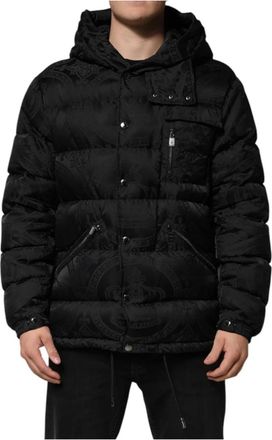 Dolce & Gabbana Zwarte Jacquard Gewatteerde Puffer Hoodie Jas - Heren - Winterjassen - Zwart - M - Nylon - Jassen