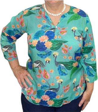 Dolma Water Lily Print Three-Quarter Sleeve Top In Turquoise