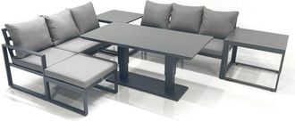 Fimous Fimous 7 Seater Aluminium Outdoor Garden Furniture Set with Adjustable Rising Lifting Dining Table 3 Seater Sofa Big Footstool 2 Side Tables Dark Grey