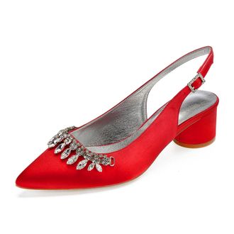 Generic Wedding Shoes Women Ankle Strap Pointed Toe Slingback Chunky Low Heels Dress Pumps Bridal Shoes 4.5Cm,red,5 UK
