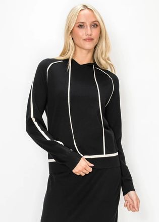 YAL New York Black Knit Hoodie with Cream Contrast Piping