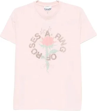 Ganni T-shirt met Roos - Dames - T-shirts - Roze - XS - Katoen - Tops