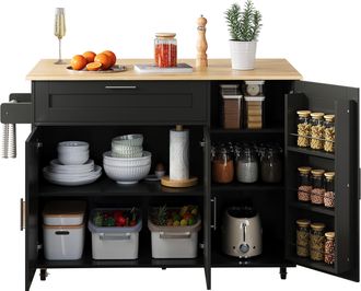 STILVORA Carro De Cocina Con 2 Puertas, 1 Caj&oacute;n, Estantes Ajustables Y Toallero, En Mdf, Negro Y Natural, 132,5 X 44 X 90 Cm
