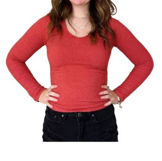 Scala Long Sleeve Furry V Neck Sweater In Atacama Rust